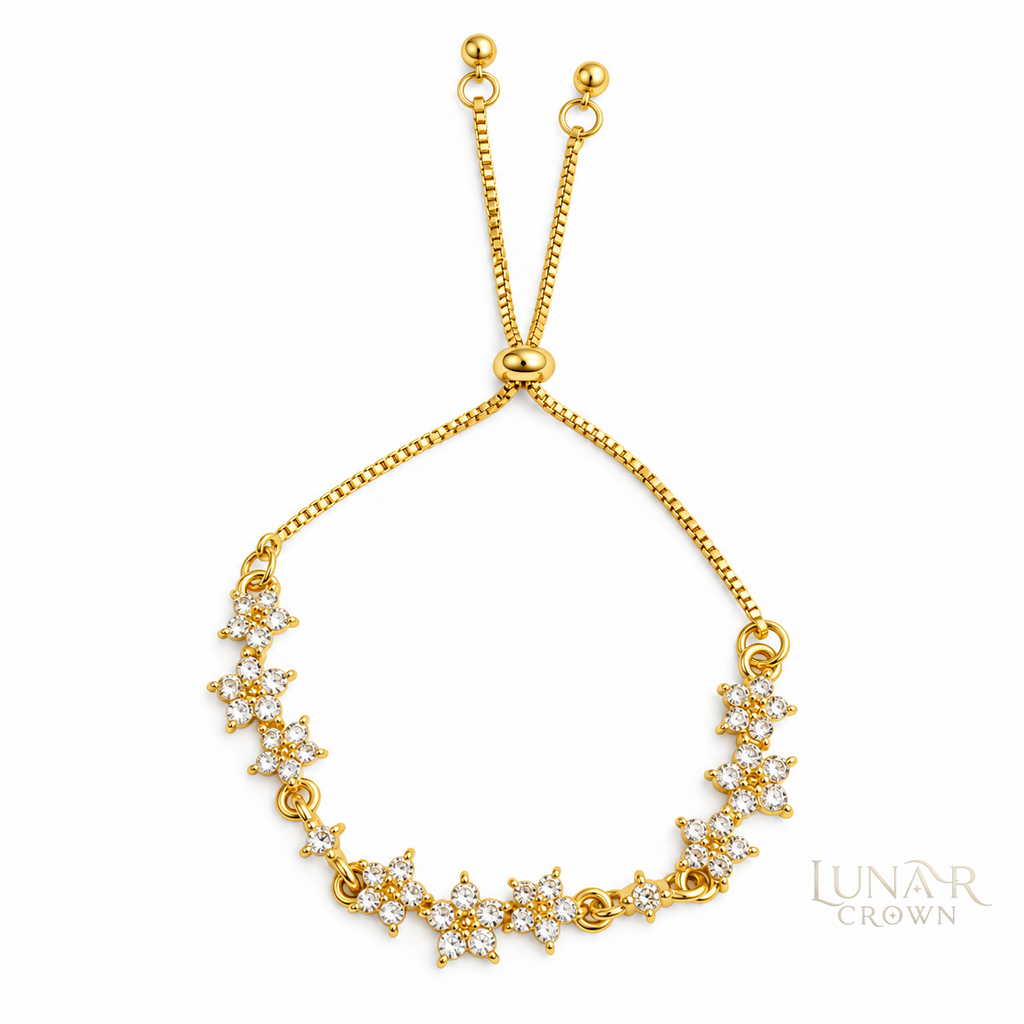 Floral Sparkle Adjustable Bracelet — Gold Tone
