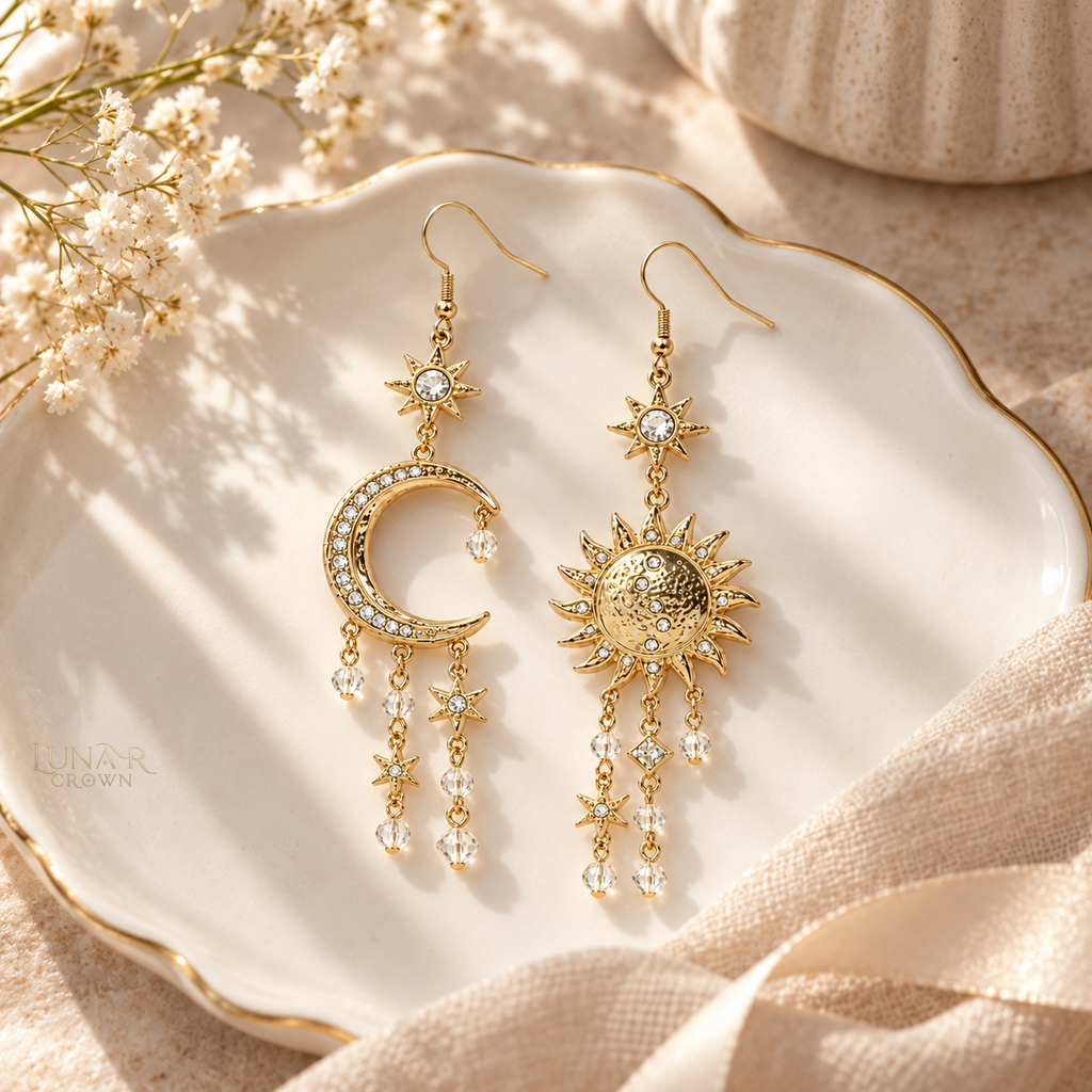 Sun & Moon Drop Earrings — Gold Tone