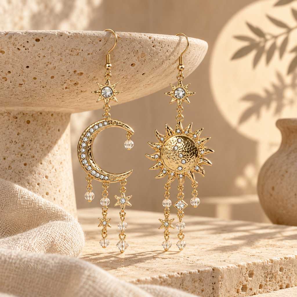 Sun & Moon Drop Earrings — Gold Tone