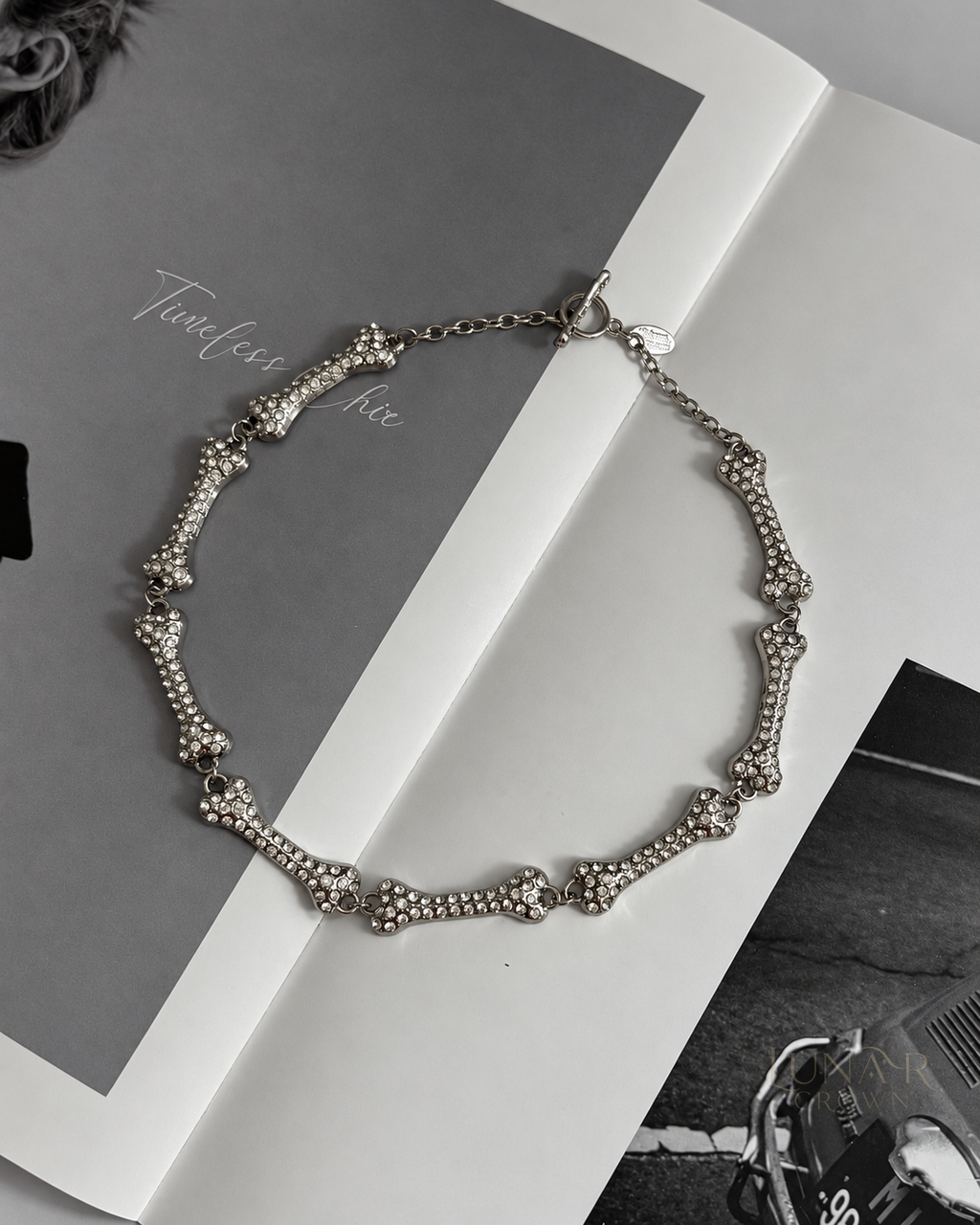 Sparkling Bone Link Necklace — Silver Tone