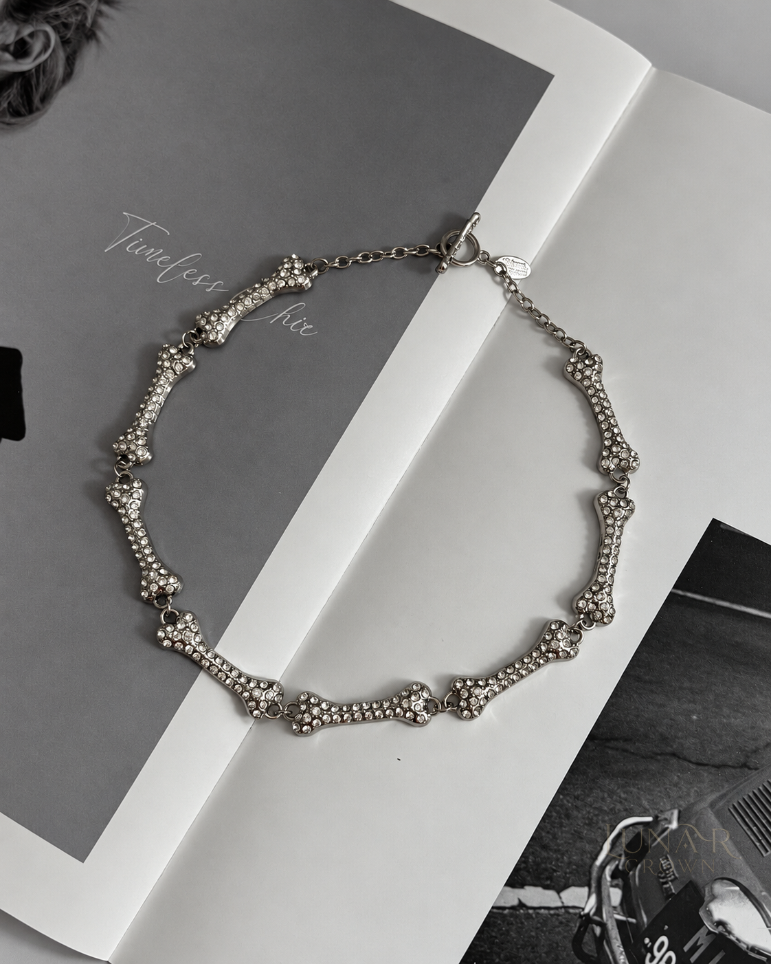 Sparkling Bone Link Necklace — Silver Tone