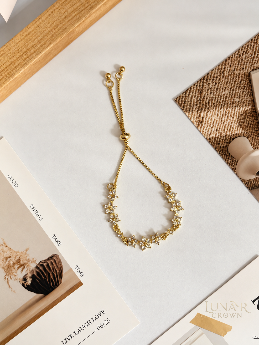 Floral Sparkle Adjustable Bracelet — Gold Tone