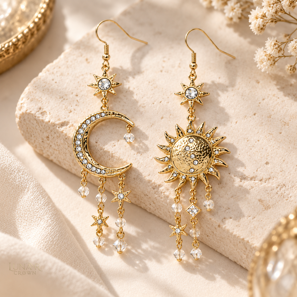 Sun & Moon Drop Earrings — Gold Tone