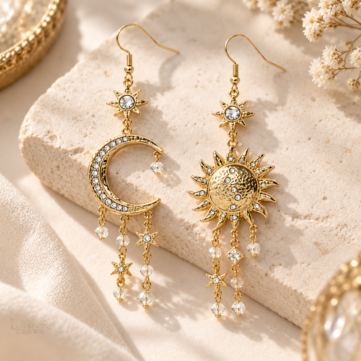 Sun & Moon Drop Earrings — Gold Tone