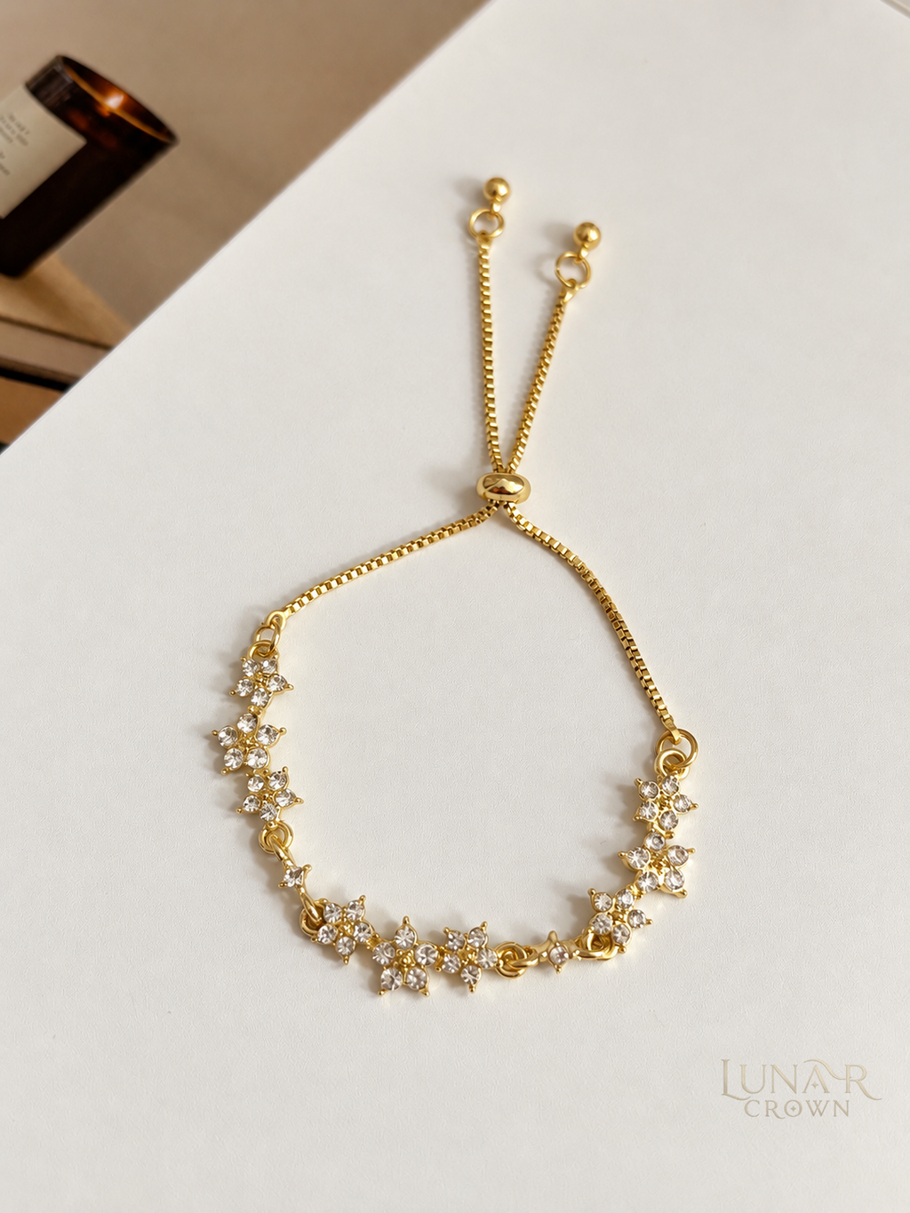 Floral Sparkle Adjustable Bracelet — Gold Tone