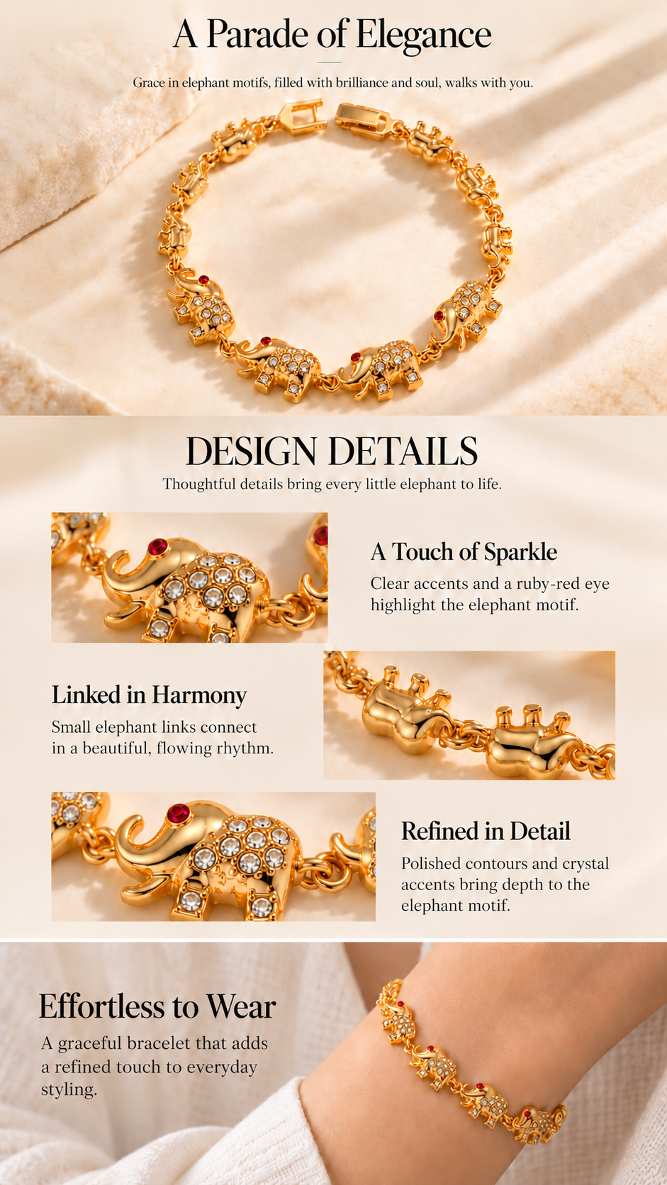 Elephant Bracelet — Gold Tone & White