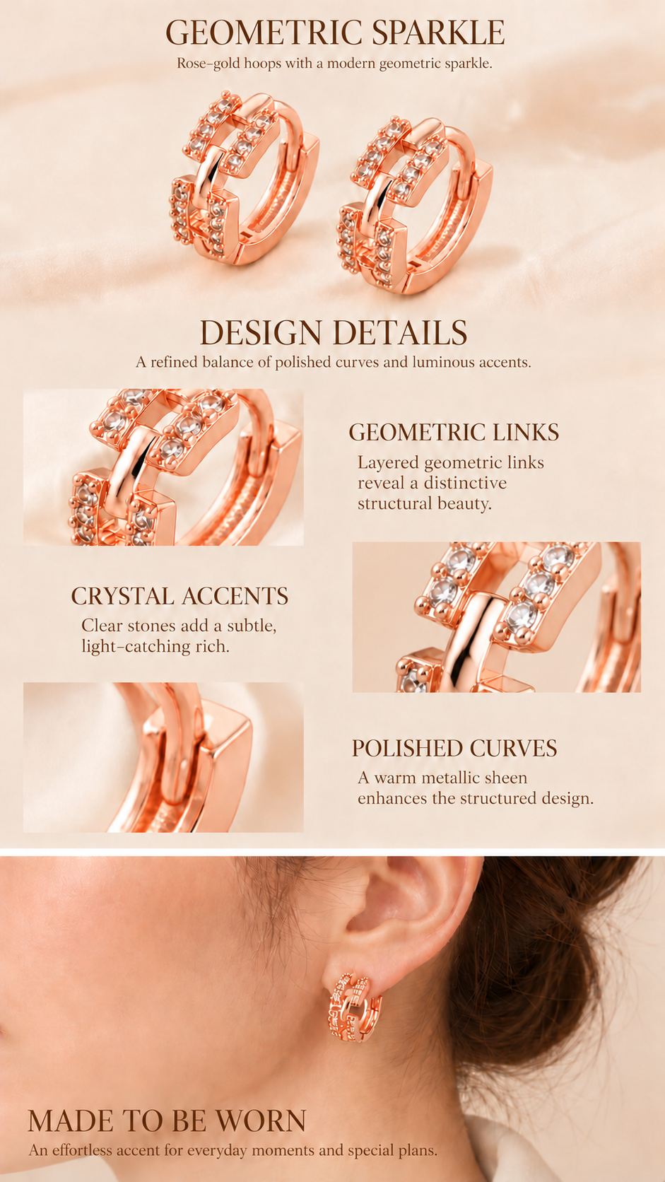 Sparkling Chain Link Hoop Earrings — Rose Gold Tone