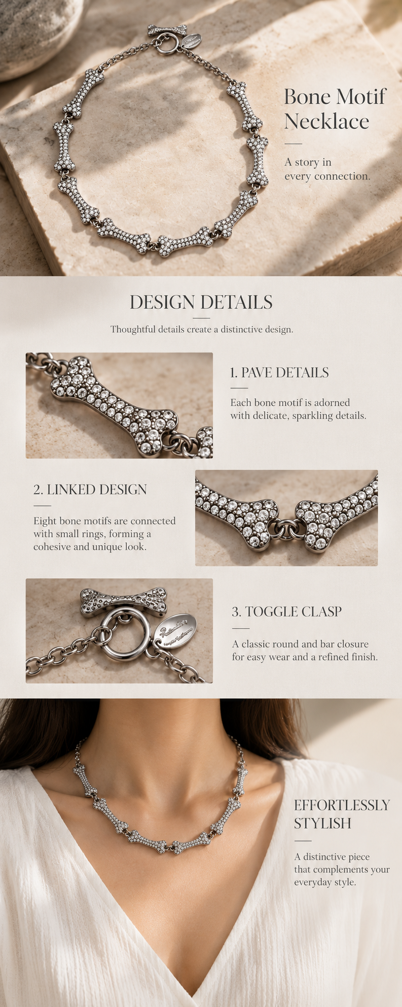 Sparkling Bone Link Necklace — Silver Tone