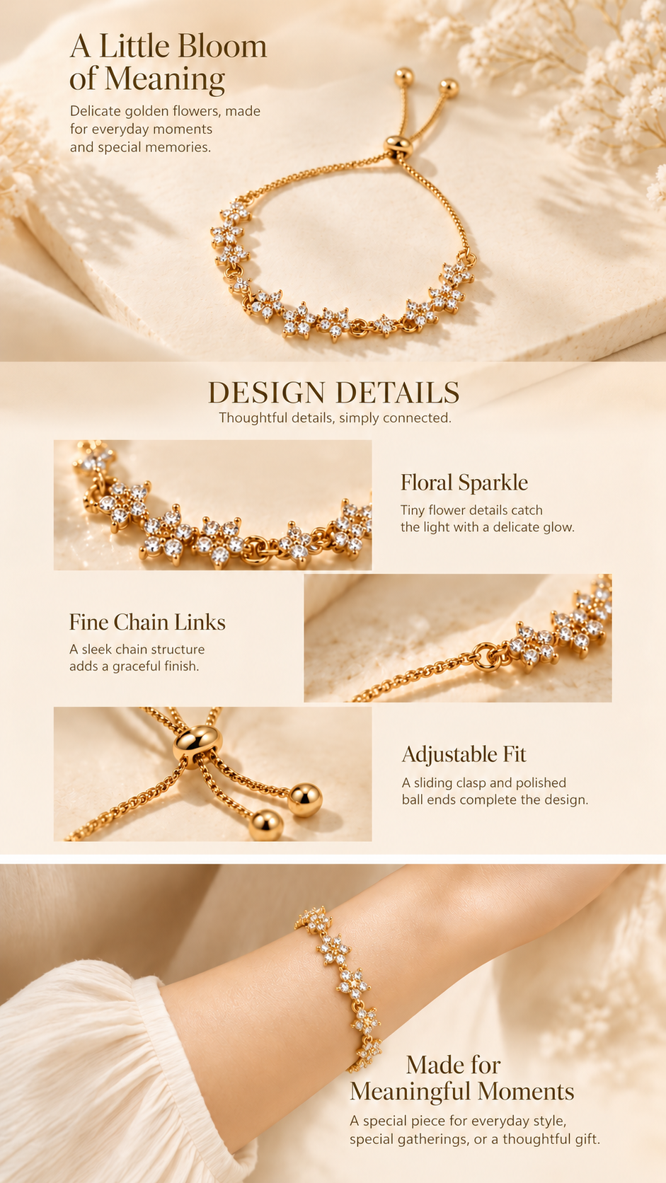 Floral Sparkle Adjustable Bracelet — Gold Tone