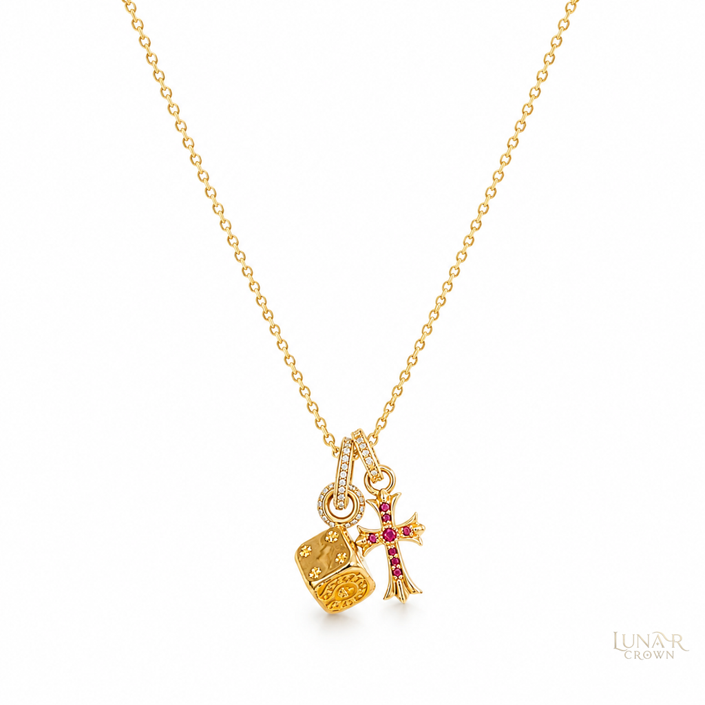Cross & Dice Pendant Necklace — Gold Tone