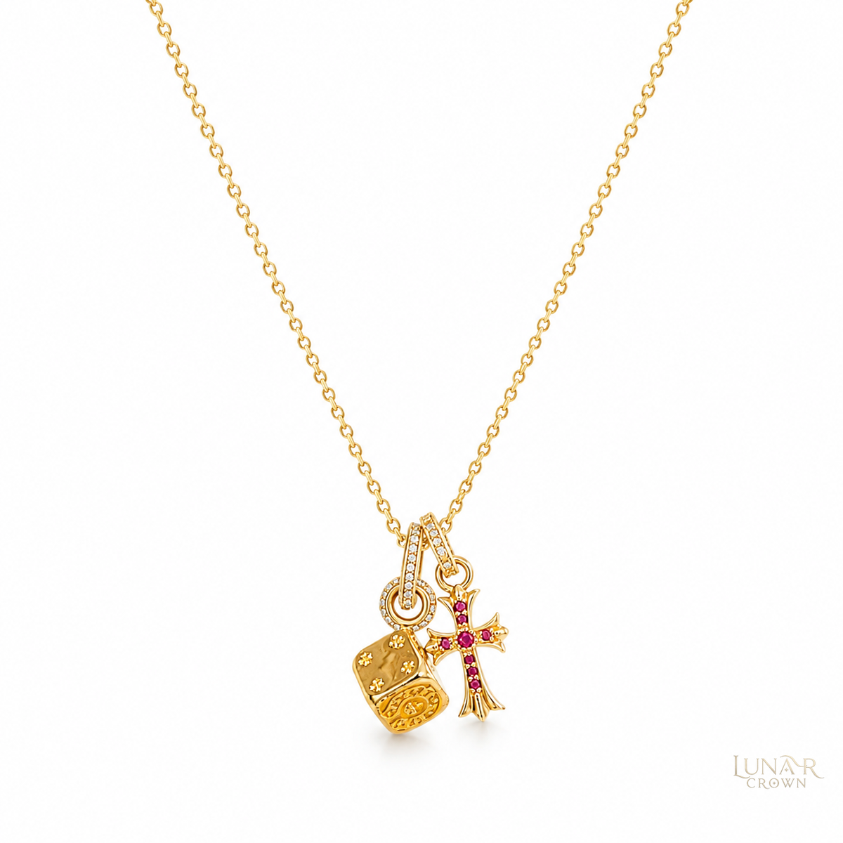 Cross & Dice Pendant Necklace — Gold Tone
