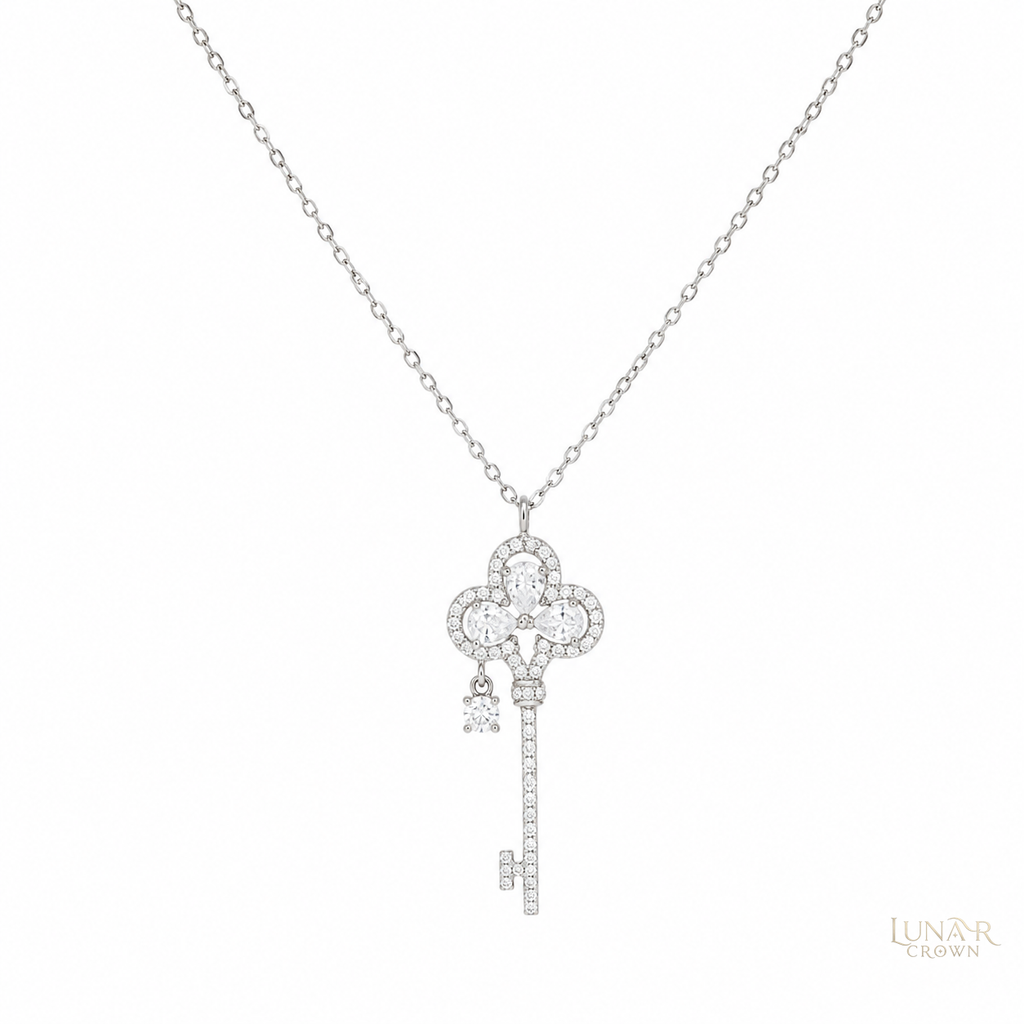 Crown Key Pendant Necklace — Silver Tone