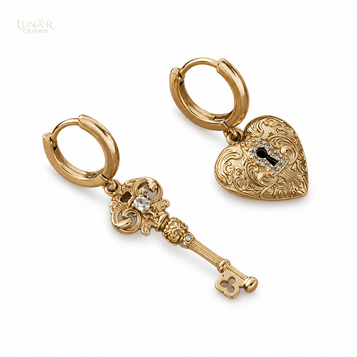 Key & Heart Lock Drop Earrings — Gold Tone