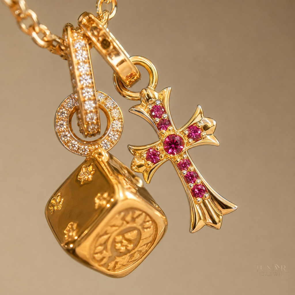 Cross & Dice Pendant Necklace — Gold Tone