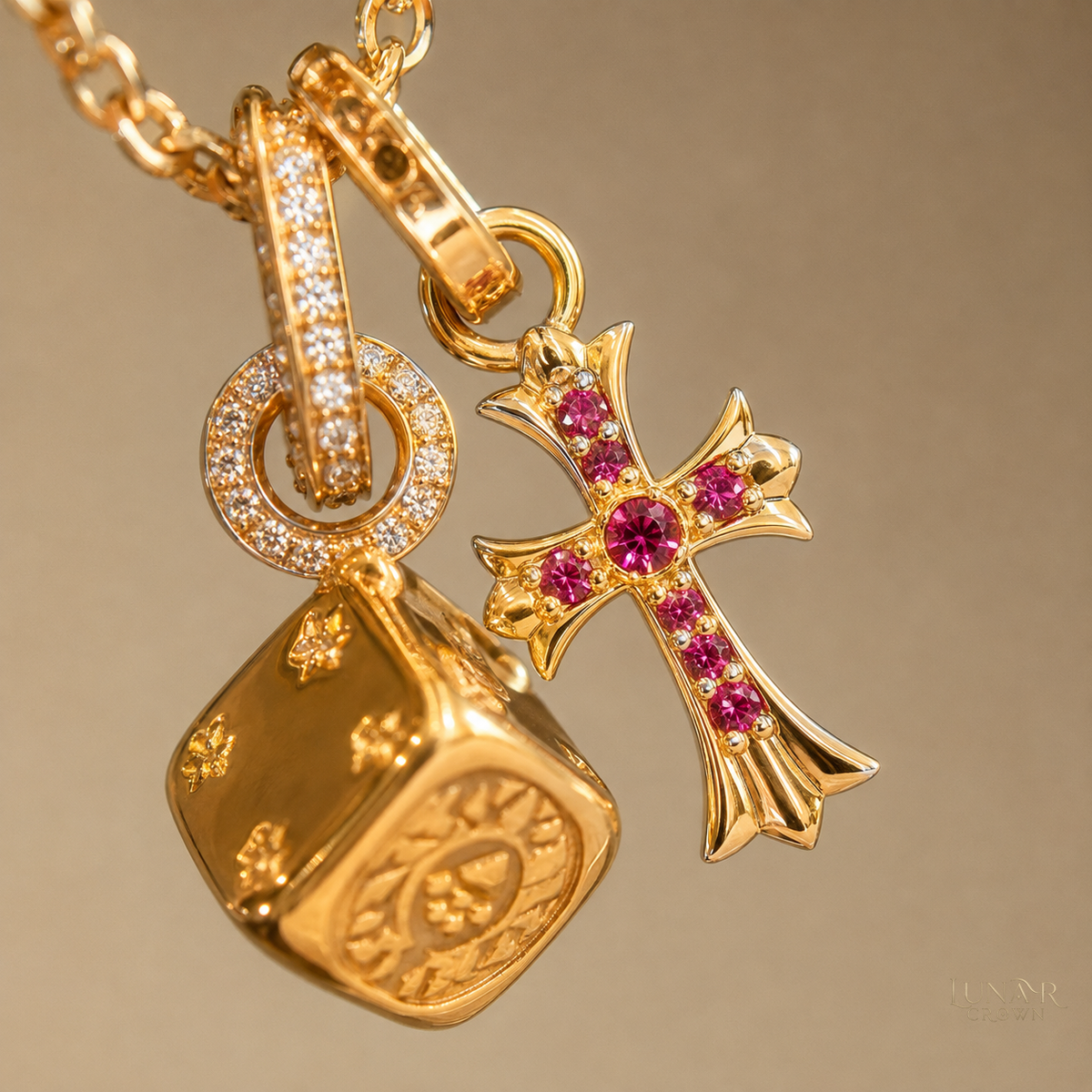 Cross & Dice Pendant Necklace — Gold Tone