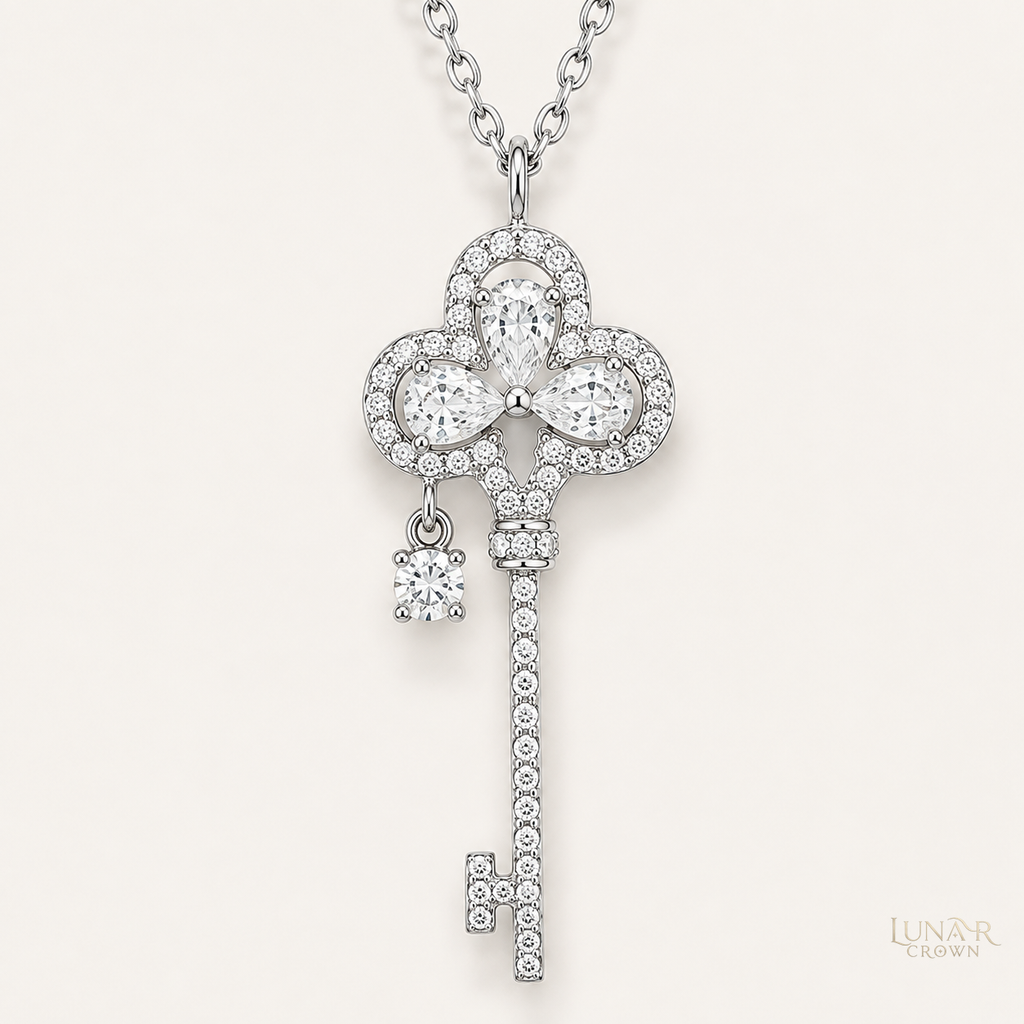 Crown Key Pendant Necklace — Silver Tone