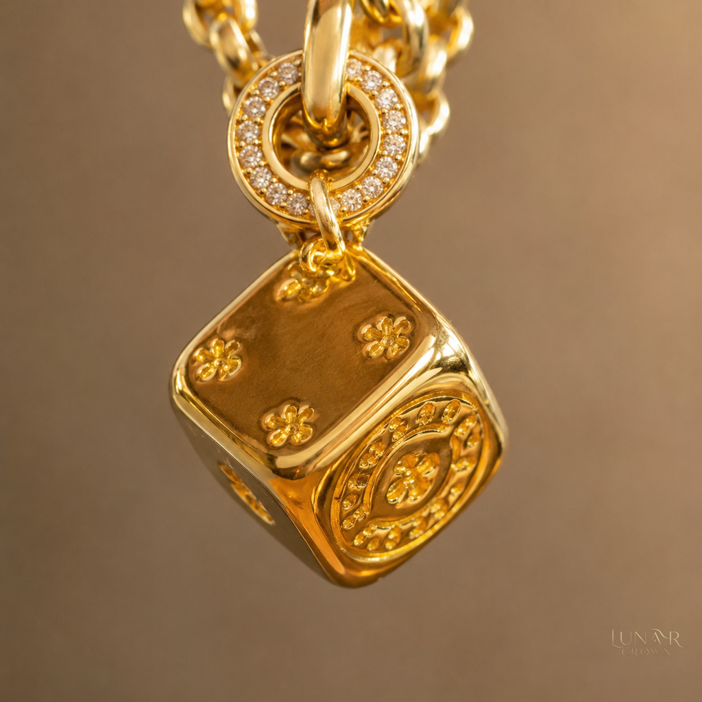 Cross & Dice Pendant Necklace — Gold Tone