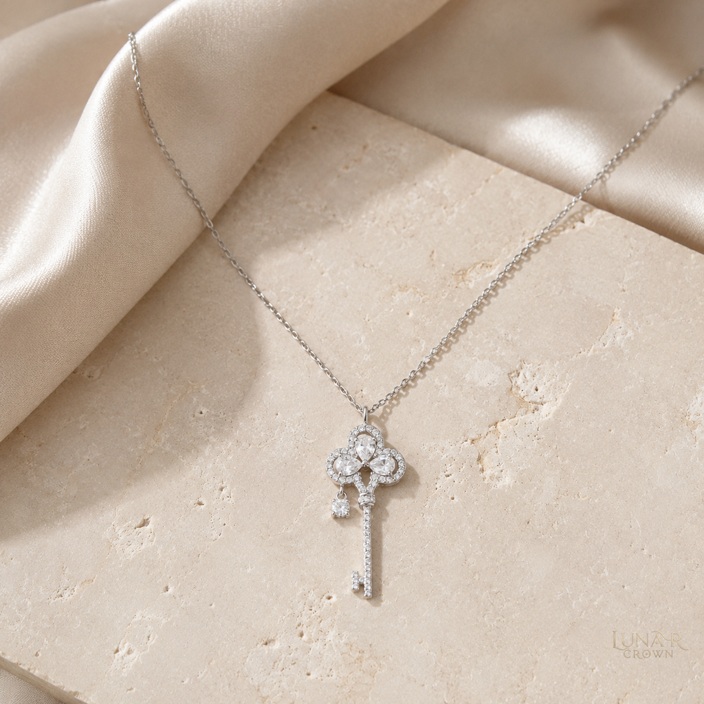 Crown Key Pendant Necklace — Silver Tone