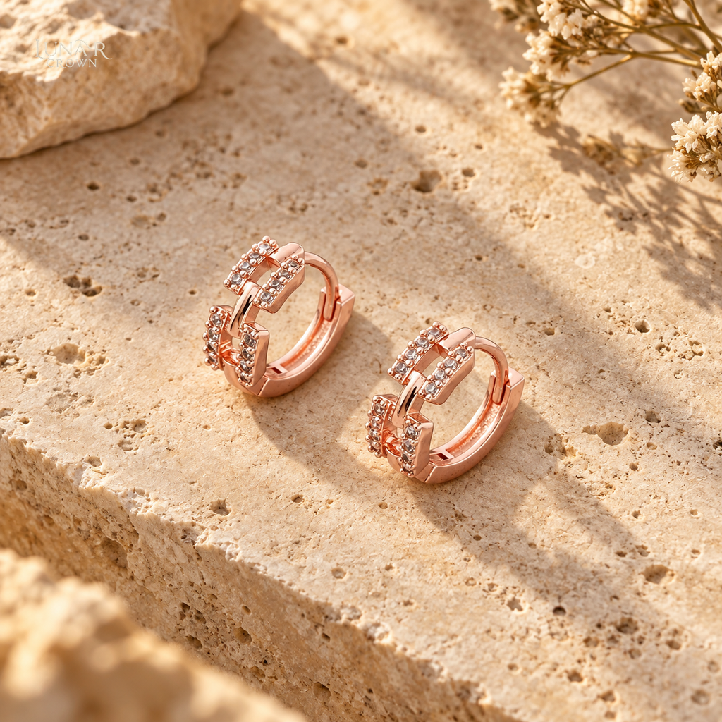 Sparkling Chain Link Hoop Earrings — Rose Gold Tone