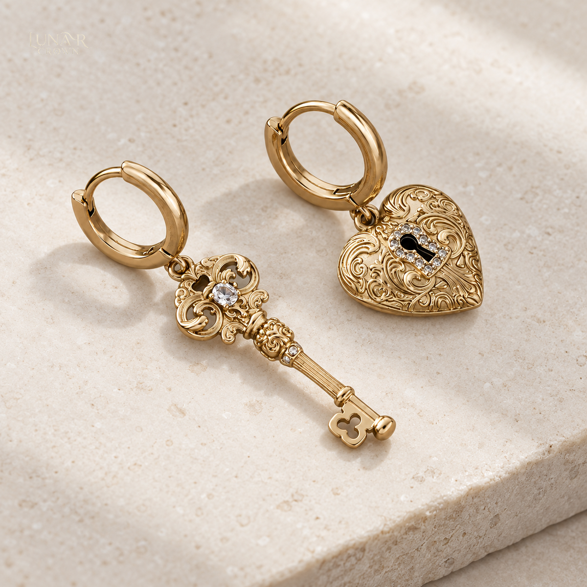 Key & Heart Lock Drop Earrings — Gold Tone
