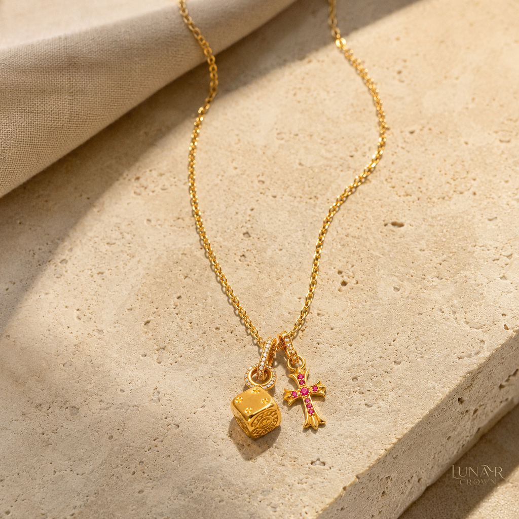 Cross & Dice Pendant Necklace — Gold Tone