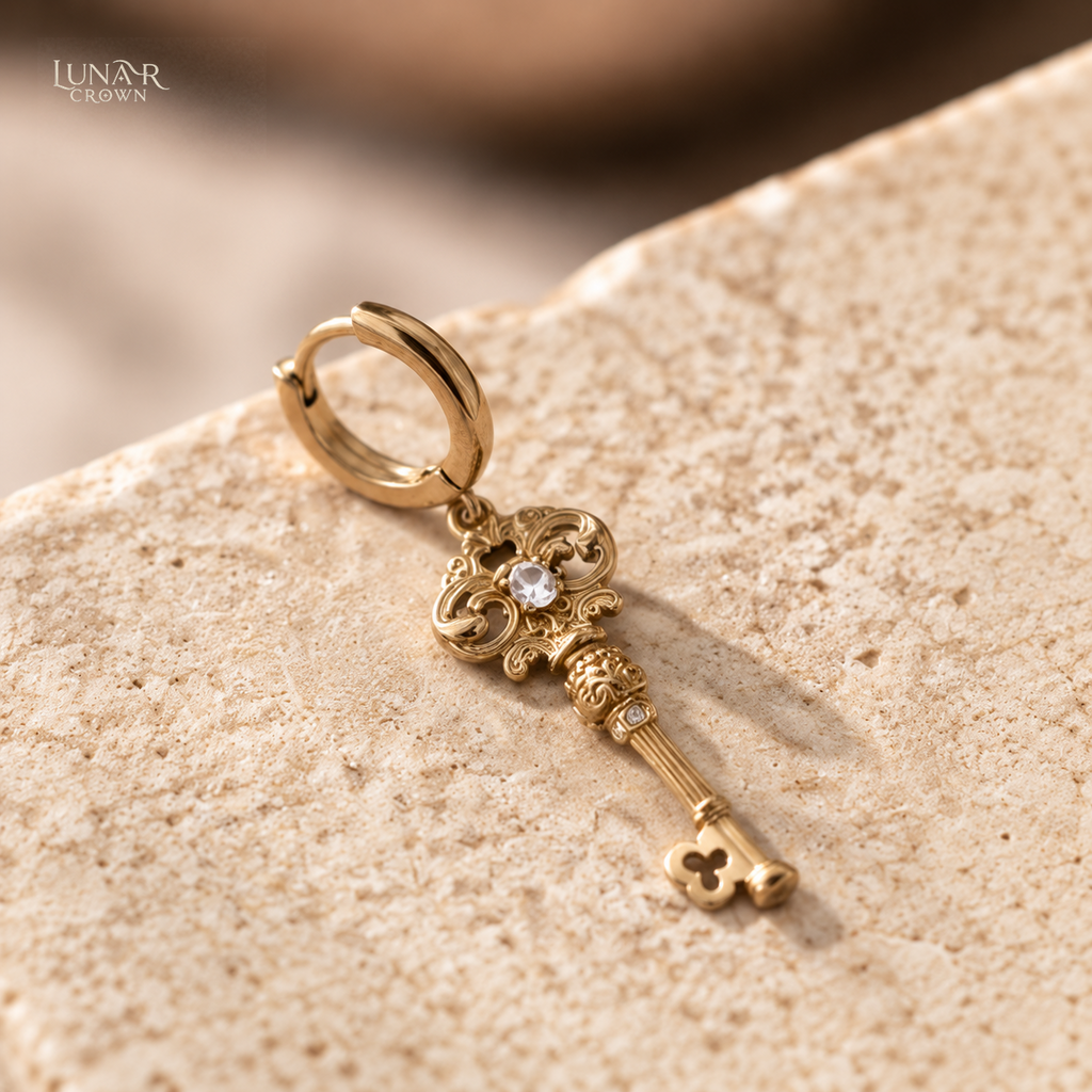 Key & Heart Lock Drop Earrings — Gold Tone