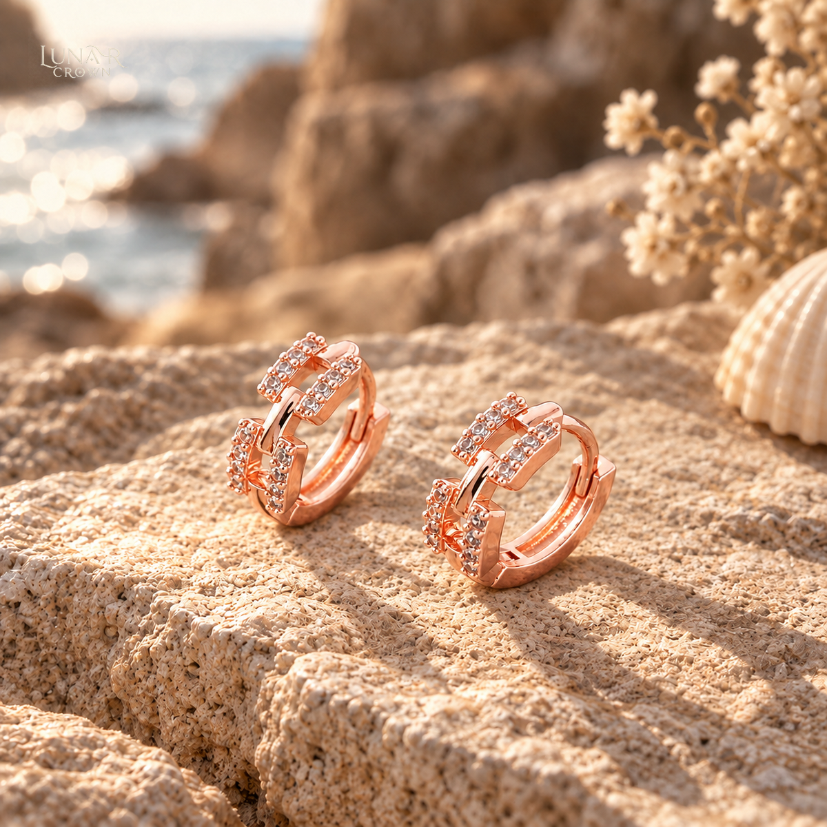 Sparkling Chain Link Hoop Earrings — Rose Gold Tone