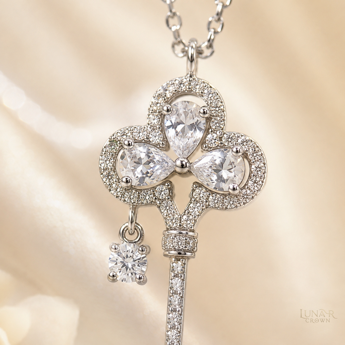 Crown Key Pendant Necklace — Silver Tone