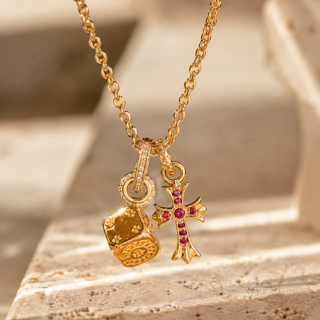 Cross & Dice Pendant Necklace — Gold Tone