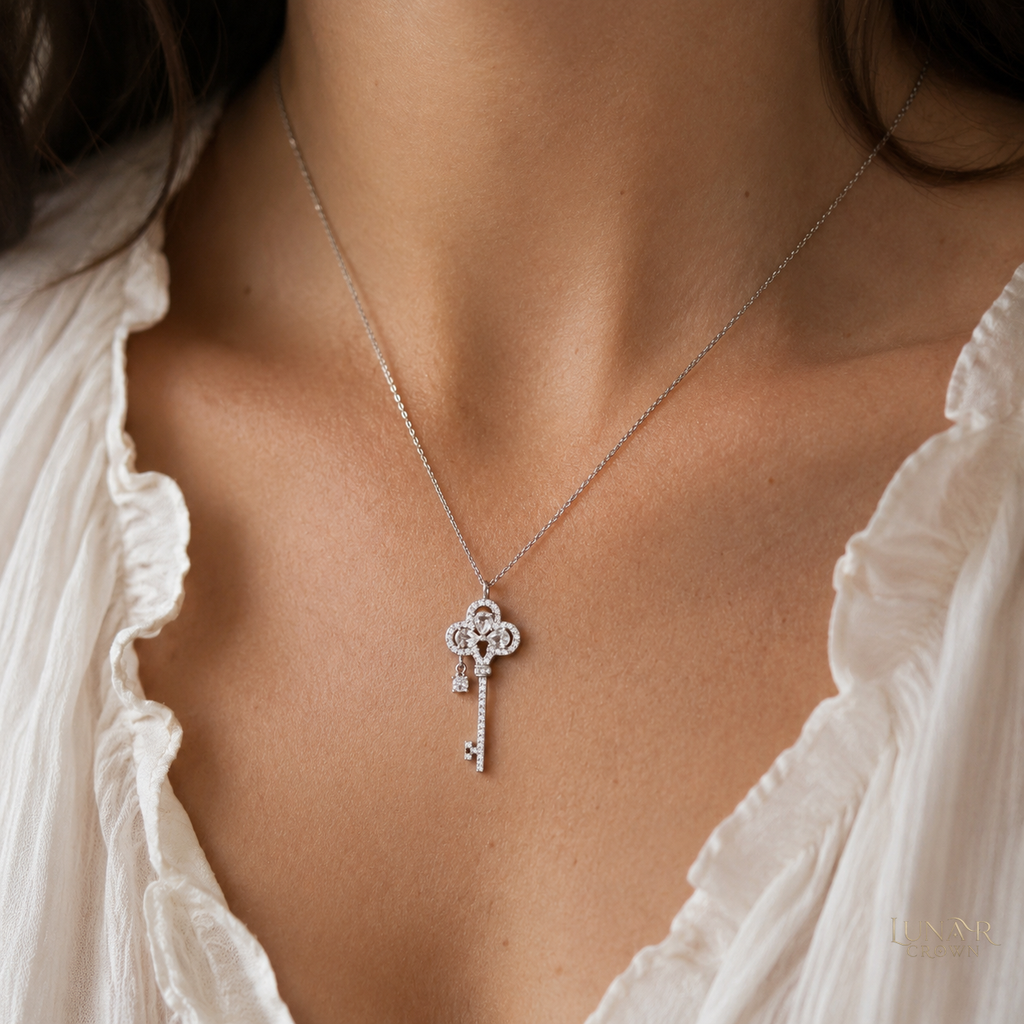 Crown Key Pendant Necklace — Silver Tone