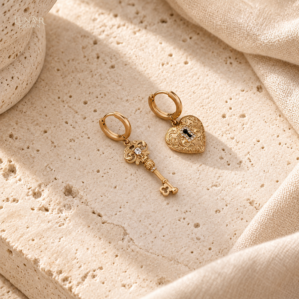 Key & Heart Lock Drop Earrings — Gold Tone