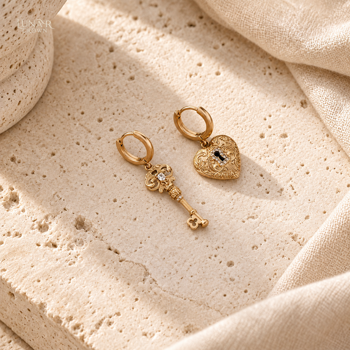 Key & Heart Lock Drop Earrings — Gold Tone