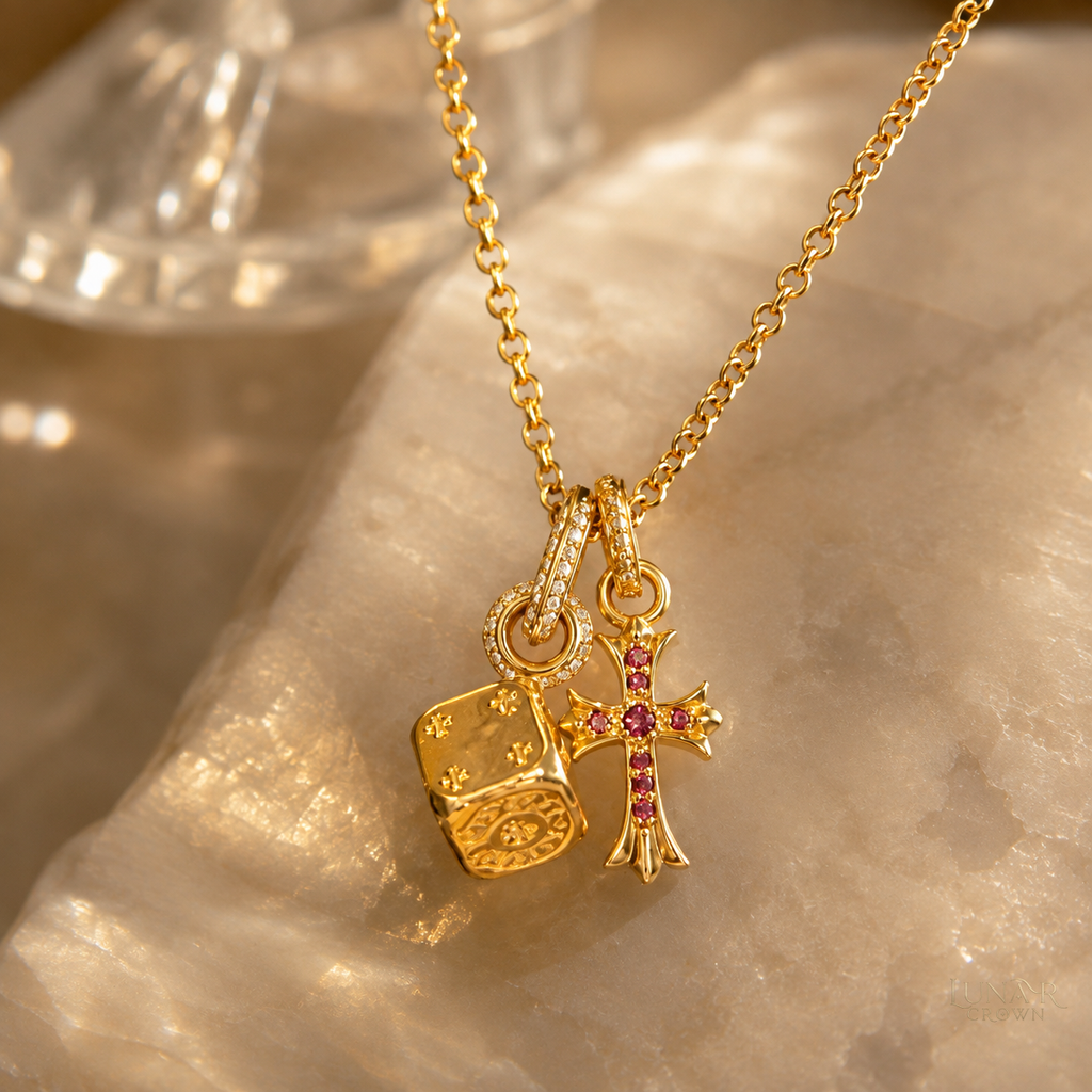 Cross & Dice Pendant Necklace — Gold Tone
