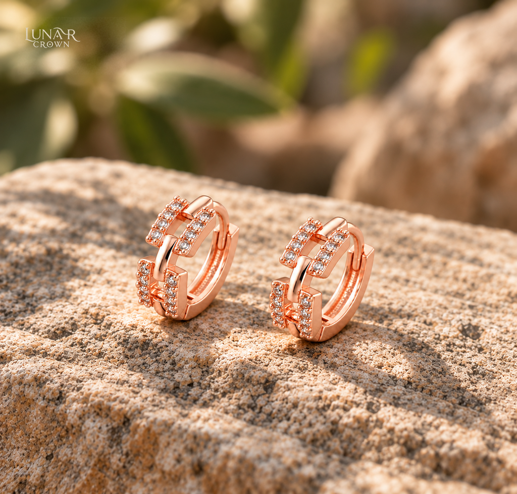 Sparkling Chain Link Hoop Earrings — Rose Gold Tone