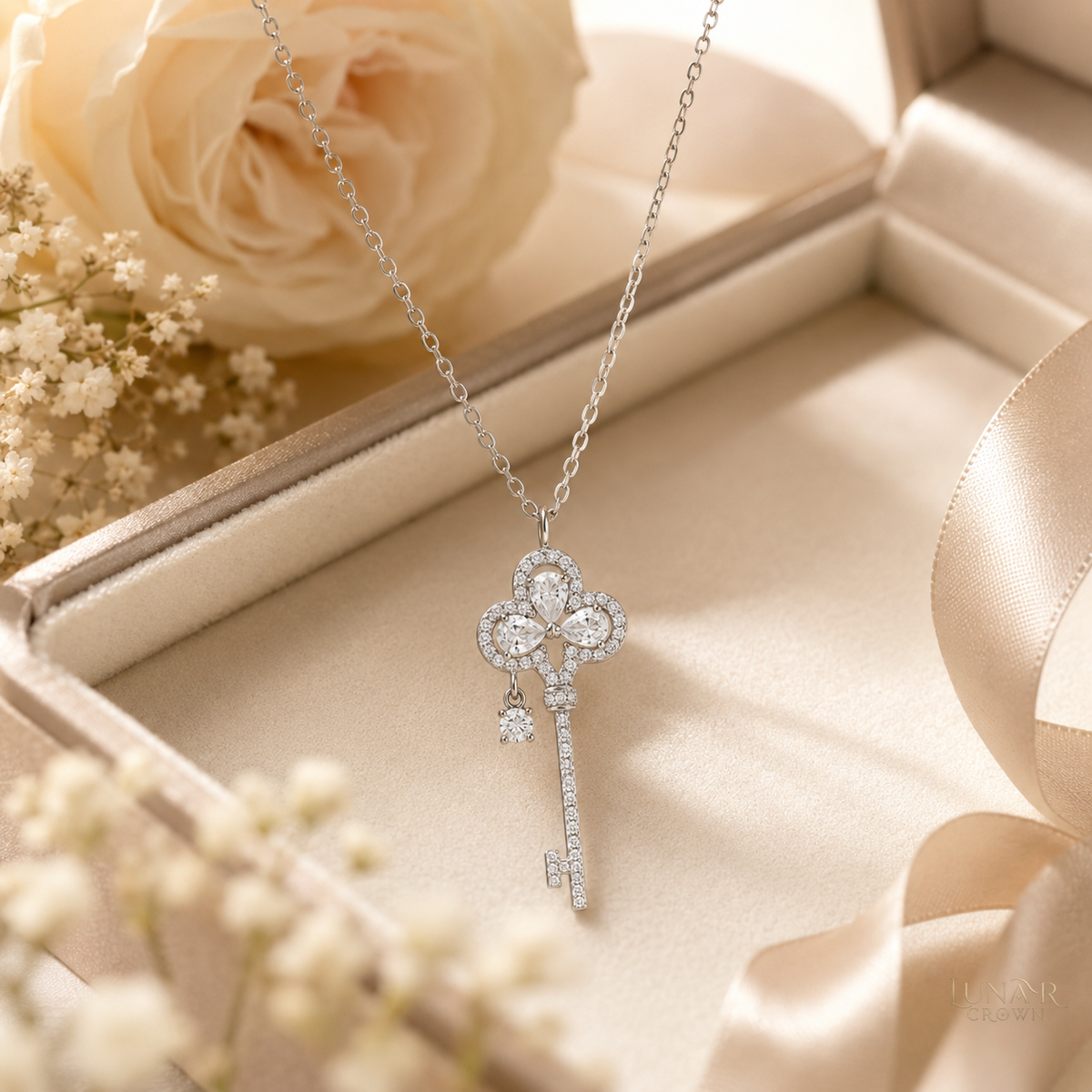Crown Key Pendant Necklace — Silver Tone