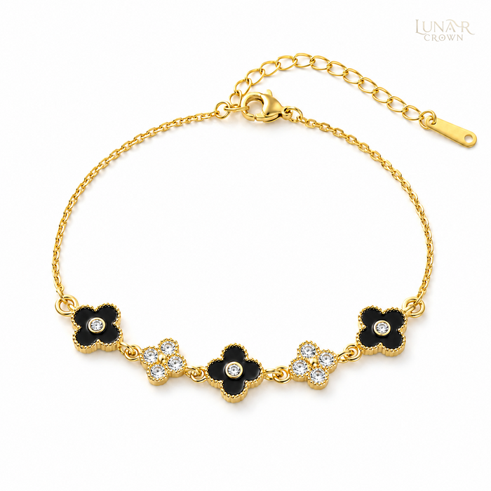 Black Four-Petal Flower Bracelet — Gold Tone