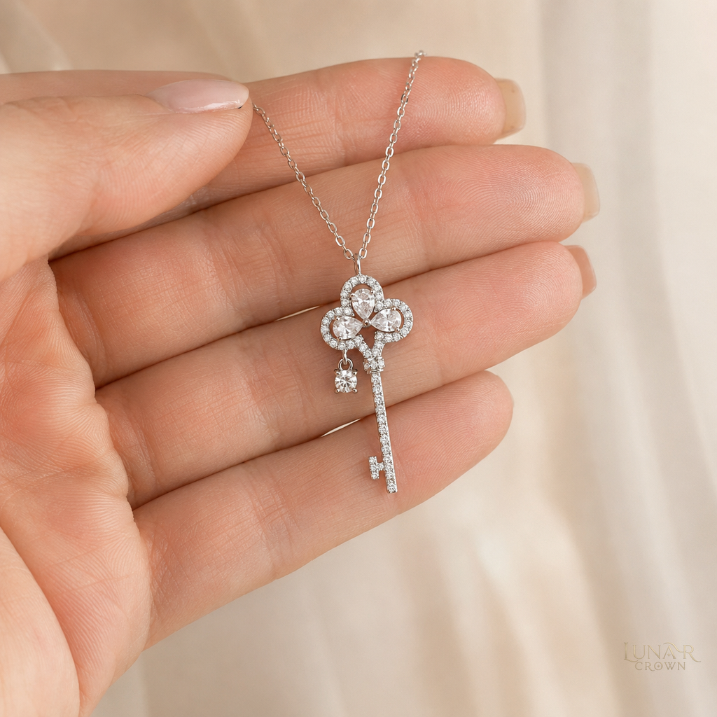Crown Key Pendant Necklace — Silver Tone