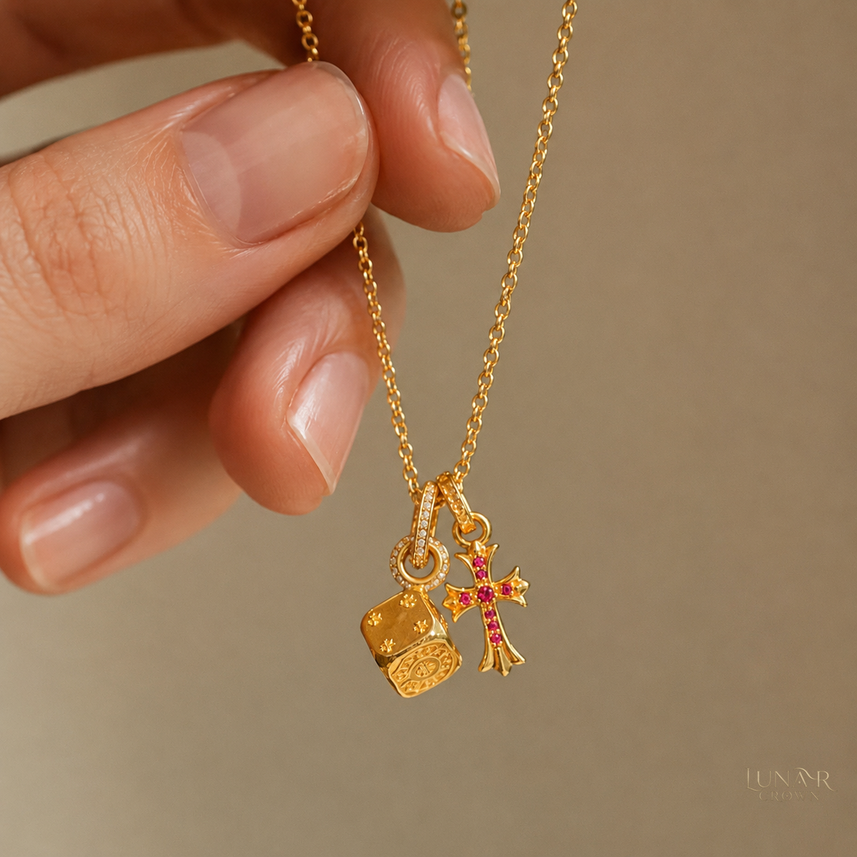 Cross & Dice Pendant Necklace — Gold Tone