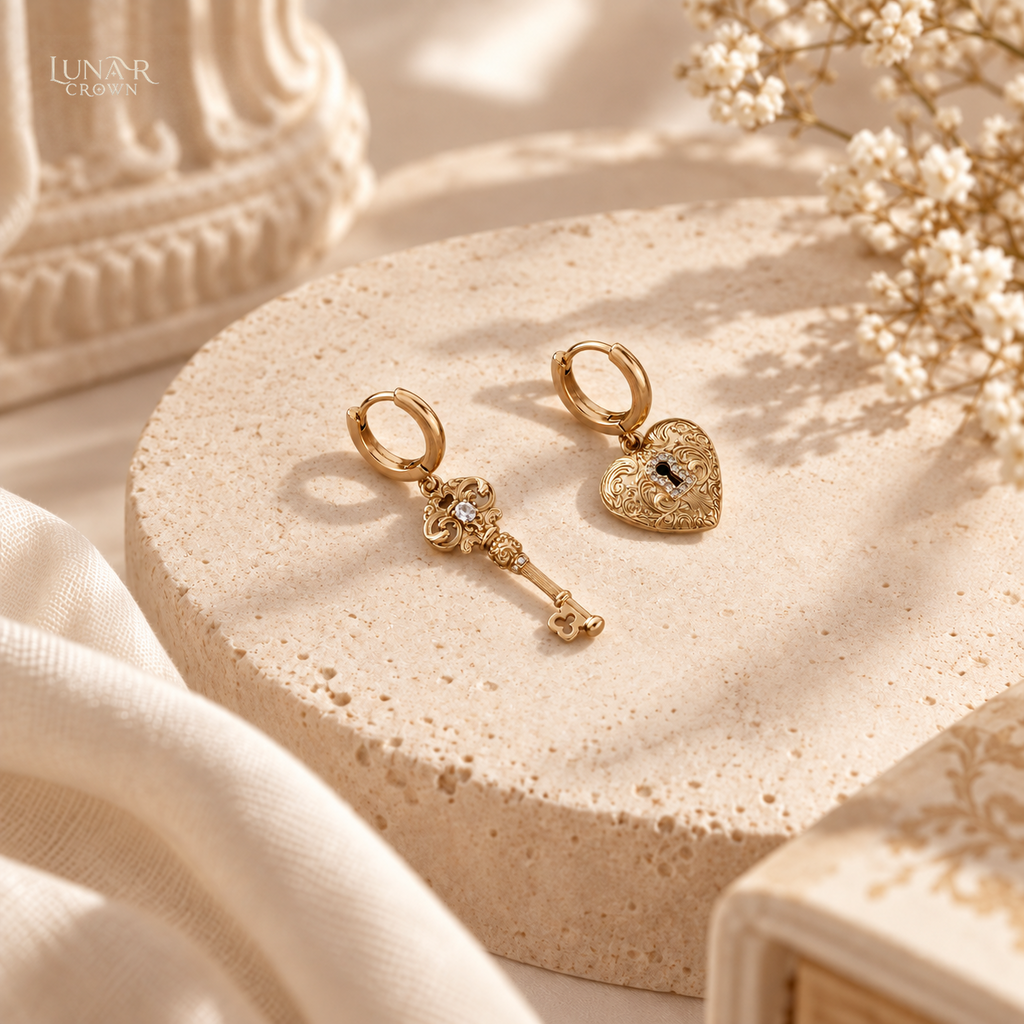 Key & Heart Lock Drop Earrings — Gold Tone