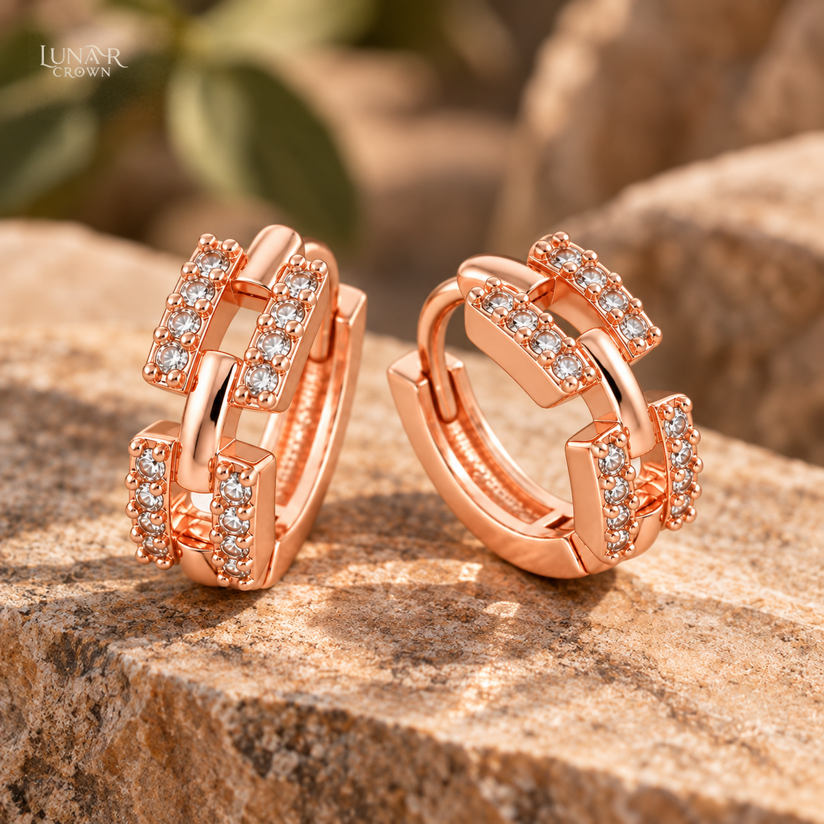 Sparkling Chain Link Hoop Earrings — Rose Gold Tone