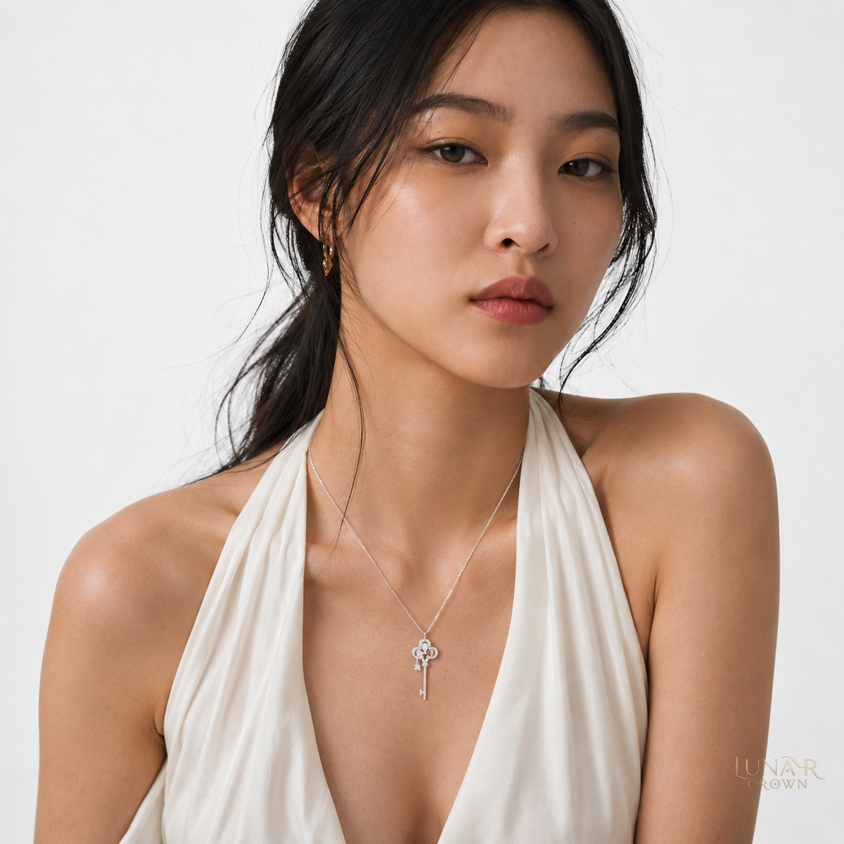 Crown Key Pendant Necklace — Silver Tone