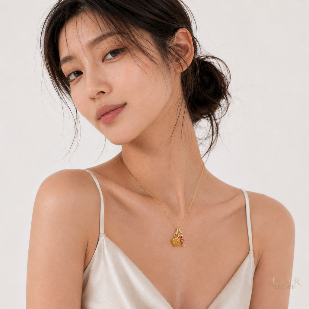 Cross & Dice Pendant Necklace — Gold Tone