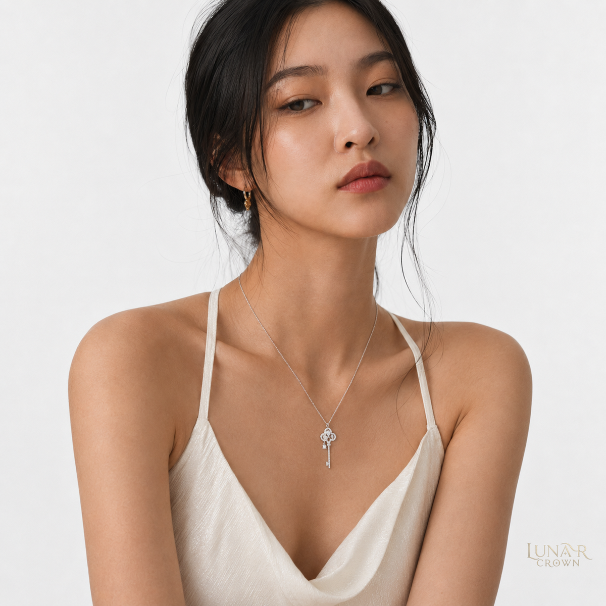 Crown Key Pendant Necklace — Silver Tone