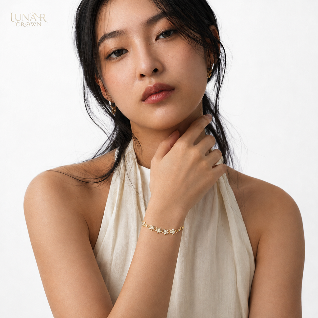 Floral Sparkle Adjustable Bracelet — Gold Tone