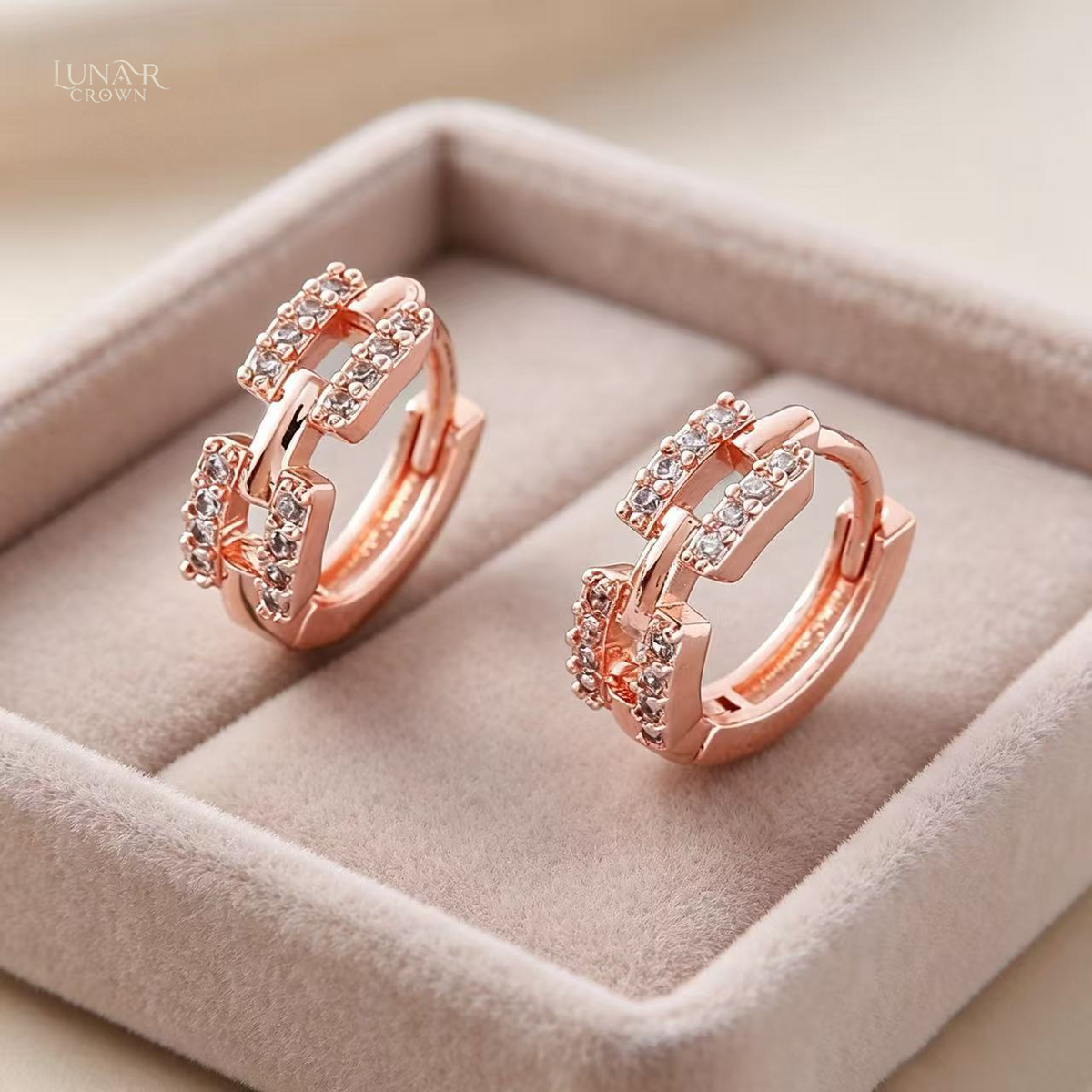 Sparkling Chain Link Hoop Earrings — Rose Gold Tone