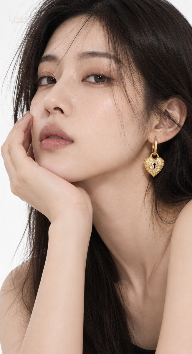 Key & Heart Lock Drop Earrings — Gold Tone