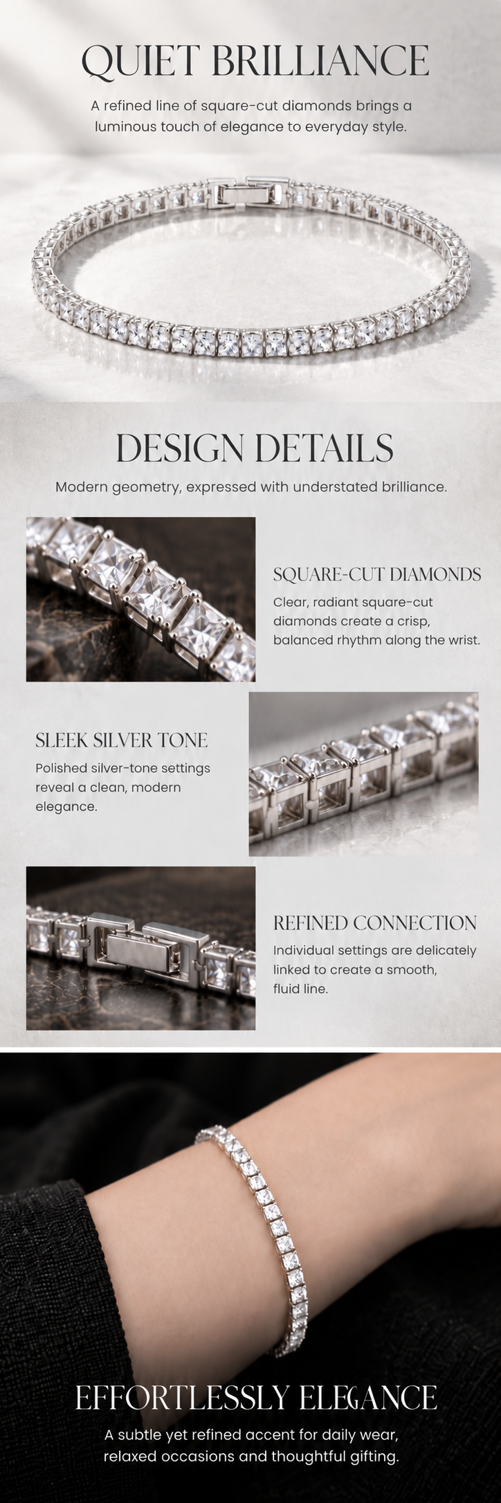 Square Sparkle Bracelet — Silver Tone