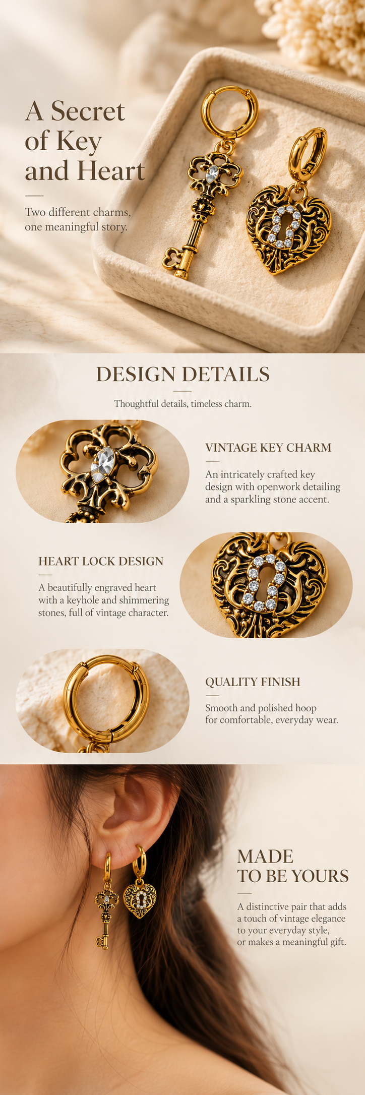 Key & Heart Lock Drop Earrings — Gold Tone
