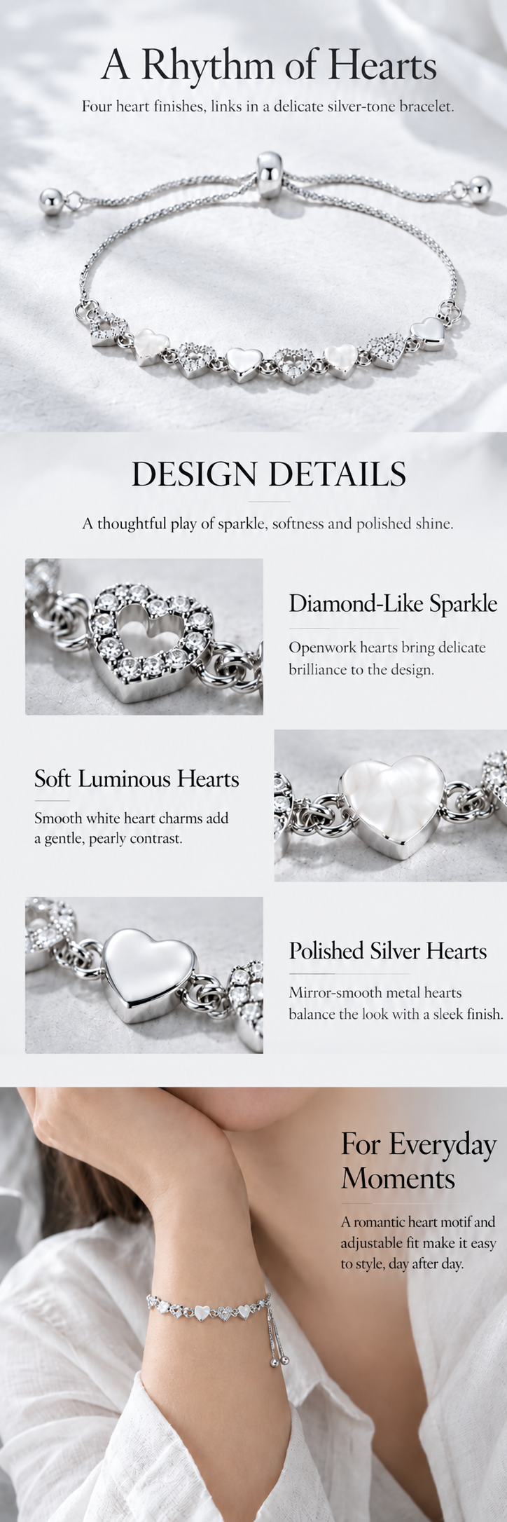 Adjustable Heart Bracelet — Silver Tone