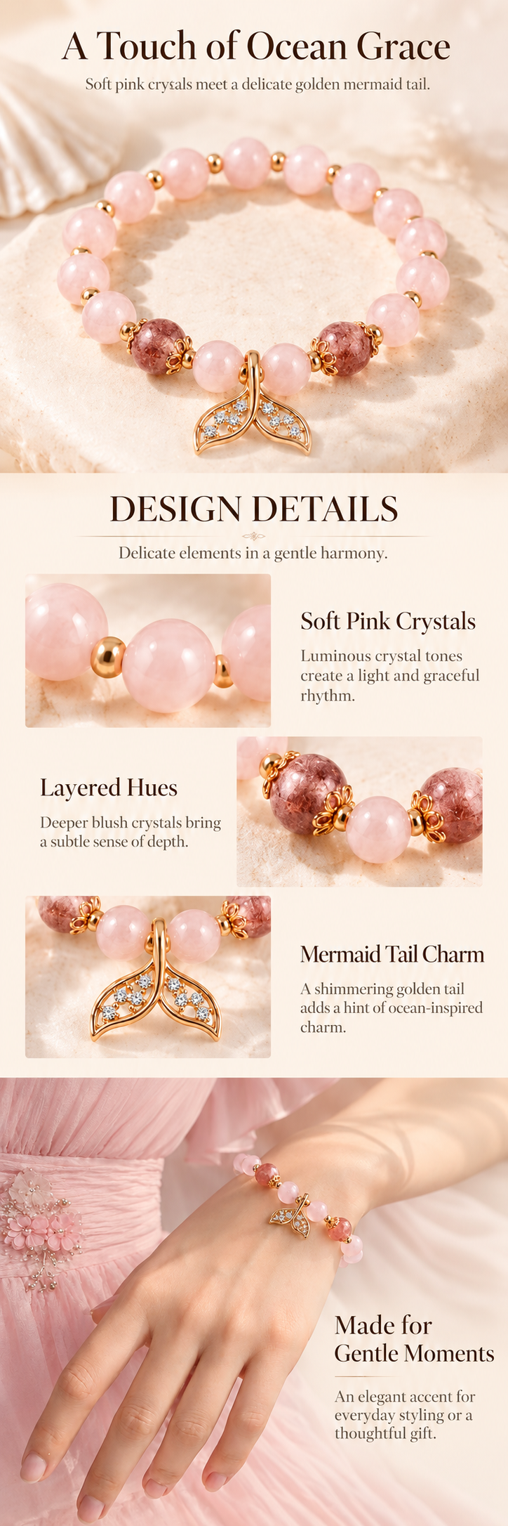 Strawberry Quartz Mermaid Tail Bracelet — Pink